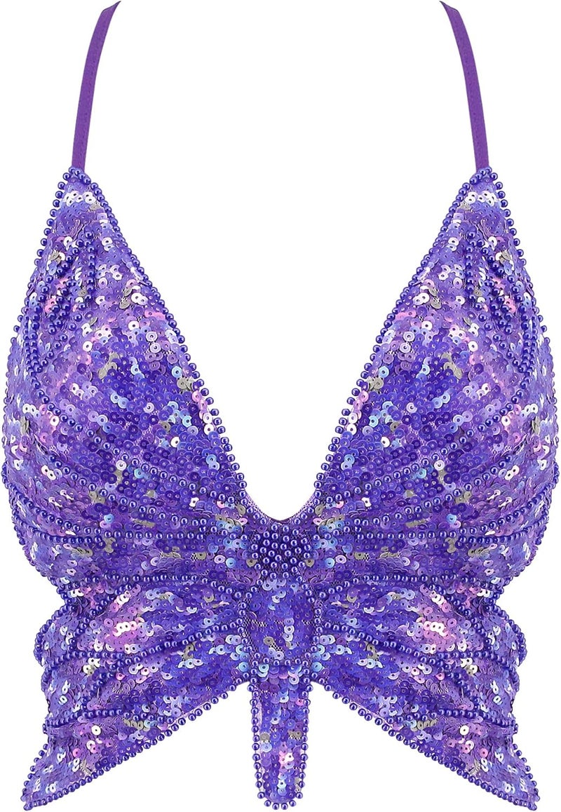 Mocure Womens Glitter Sequin Butterfly Crop Top Low-Cut Tank Top Rave Tube Vest Top for Belly Dance Costume Outfits - Image 1